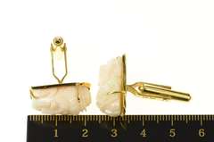 14K Yellow Gold Ornate Carved Light Pink Coral Buddha Head Cuff Links