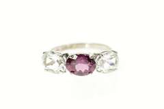 10K White Gold Three Stone Oval Cubic Zirconia Pink Tourmaline Ring