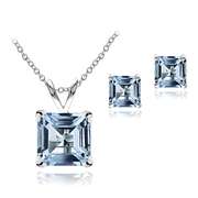 Sterling Silver 3.65ct TGW Blue Topaz Square Solitaire Pendant & Stud Earrings Set, 18"