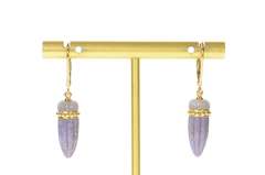 14K Yellow Gold Scalloped Carved Purple Stone Jade Dangle Earrings