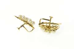 14K Yellow Gold 1960's Pearl Encrusted Leaf Screw Back Earrings