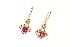 10K Yellow Gold 1940's Syn. Ruby Cherry Blossom Dangle Hook Earrings
