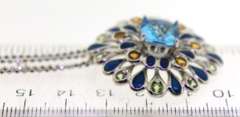 Sterling Silver Blue Topaz Flower Pendant With DoubleChain