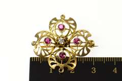 10K Yellow Gold Victorian Syn. Ruby Diamond Clover Filigree Pin/Brooch
