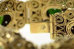 14K Yellow Gold Ornate Floral Carved Jade Filigree Statement Bracelet