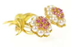 18K Yellow Gold Retro Ruby Pearl Flower Bouquet Pin/Brooch