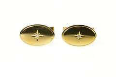 14K Yellow Gold 1960's Diamond Star Inset Oval Classic Cuff Links