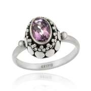 Sterling Silver Amethyst Oval Bali Design Ring