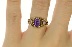 10K Yellow Gold Ornate Amethyst Diamond Accent Rope Design Ring