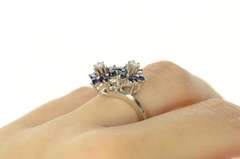 18K White Gold Retro Sapphire Diamond Flower Wrap Bypass Ring