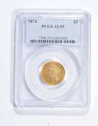 AU55 1874 $3 Indian Princess Head Gold Three-Dollar Piece - PCGS