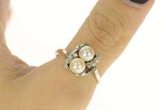 14K White Gold Diamond Two Pearl Ornate Classic Bypass Ring