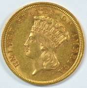 Nearly BU 1854 US $3 Gold Piece. Rare and attractive.