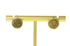 14K Yellow Gold Round Sparkly Brown Druzy Statement Stud Earrings