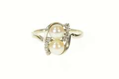 14K White Gold Diamond Two Pearl Ornate Classic Bypass Ring