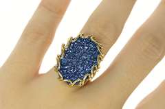 14K Yellow Gold Oval Blue Druzy Ornate Cocktail Statement Ring