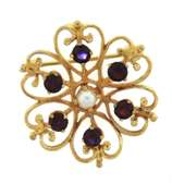 Lovely 14kt YG Floral Filigree Garnet & Pearl Brooch