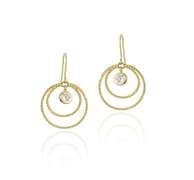 10K Gold CZ & Double Circles Dangle Earrings