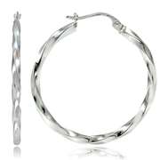 Sterling Silver 2mm Twist Round Hoop Earrings, 50mm
