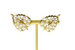 14K Yellow Gold 1960's Pearl Encrusted Leaf Screw Back Earrings
