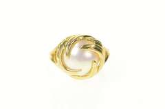 10K Yellow Gold Pearl Inset Retro Leaf Vine Swirl Cocktail Ring