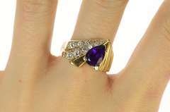 14K Yellow Gold Pear Amethyst Diamond Geometric Men's Ring