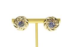 14K Yellow Gold 1950's Ornate Sapphire Cluster Diamond Swirl Earrings