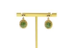 14K Yellow Gold Ornate Retro Carved Rose Nephrite Dangle Earrings