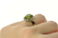 14K Yellow Gold Oval Peridot Diamond Halo Ornate Cocktail Ring