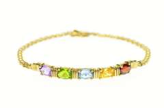 14K Yellow Gold Amethyst Garnet Blue Topaz Bar Chain Bracelet