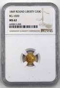 1869 Round Liberty Gold Ca Gold Half MS 62 NGC Holdered