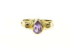 14K Yellow Gold Pear Amethyst Solitaire Ornate Statement Ring