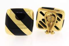 Vintage Black Onyx & 18kt Gold Striped Cushion Earrings