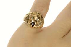 10K Yellow Gold Diamond Eyed Lion Ruby Statement Ring