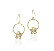 10K Gold Circle & CZ Flower Dangle Earrings