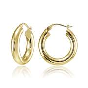 Gold Tone over Sterling Silver 4mm High Polished Round Hoop Earrings, 25mm