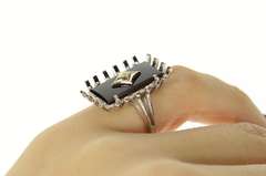 10K White Gold Black Onyx Diamond Accent Retro Basket Trim Ring