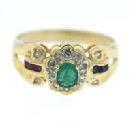 Sparkling 14kt YG Emerald, Sapphire, Ruby and Diamond Ring
