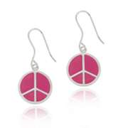 Sterling Silver Pink Enamel Peace Sign Dangle Earrings