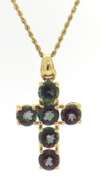 Charming 14kt YG Round Cut Amethyst and Peridot Cross Necklace