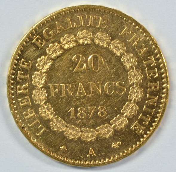 Scarce 1878-A France 20 Francs Gold 'Angel' coin