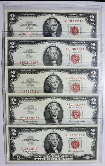 (5) Gem Crisp 1963 $2 Red Seal Notes-Consecutive Serial Numbers Nice Notes!
