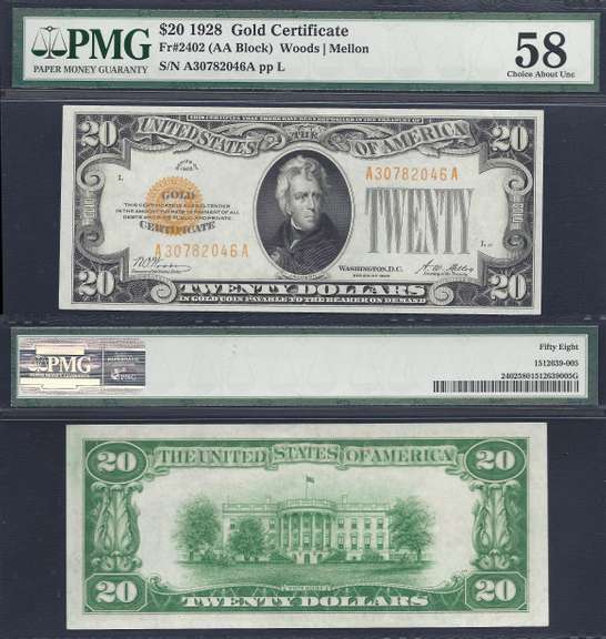 $20 1928 Gold Certificate Fr. 2402 PMG Choice About Uncirculated 58
