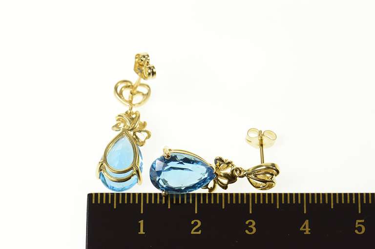 14K Yellow Gold Pear Blue Topaz Classic Dangle Statement Earrings