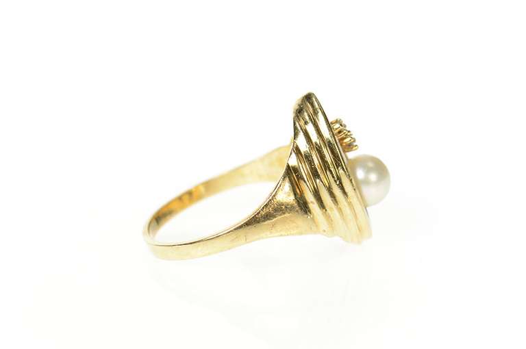 10K Yellow Gold Pearl Diamond Accent Loop Design Statement Ring