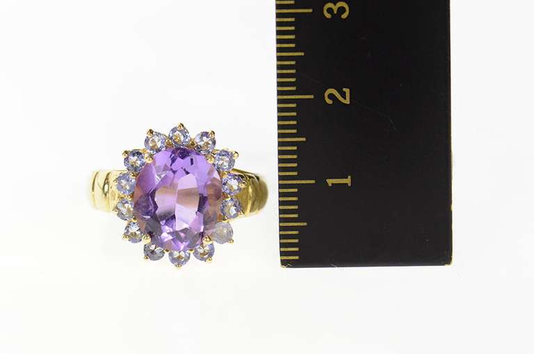 10K Yellow Gold Amethyst Tanzanite Halo Cocktail Statement Ring