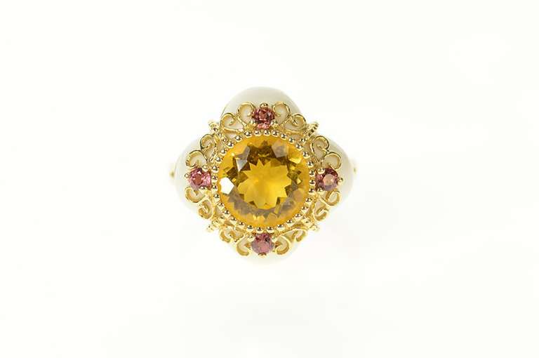 14K Yellow Gold Scalloped White Ceramic Citrine Garnet Cocktail Ring
