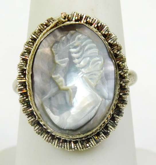 Early 800 Silver Sterling Shell Cameo Ring, 6.5