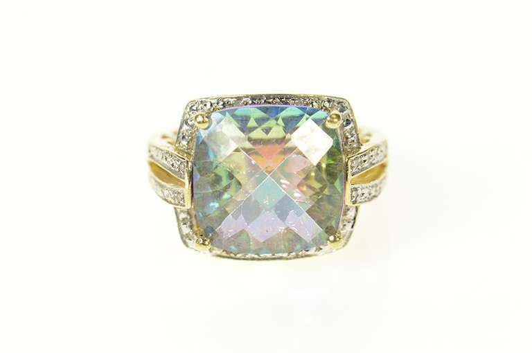 14K Yellow Gold Cushion Mystic Topaz Diamond Halo Cocktail Ring