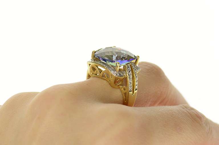 14K Yellow Gold Cushion Mystic Topaz Diamond Halo Cocktail Ring